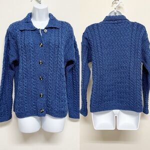 Aran Crafts Ireland Womens Blue 100% Merino Wool Chunky Knit Cardigan Size S